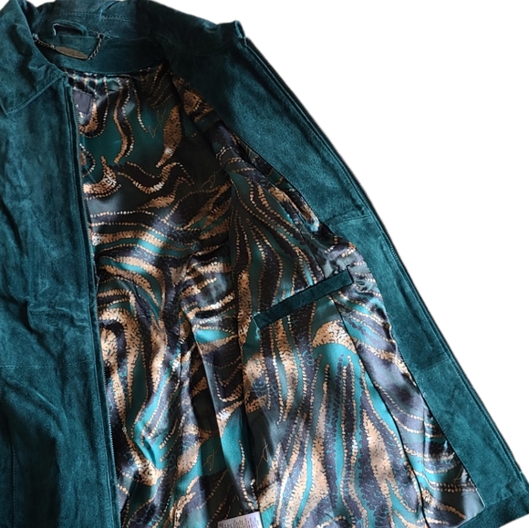 Dark Teal Blue Suede Leather Jacket w/ printed satin lining - Picture 3 of 4